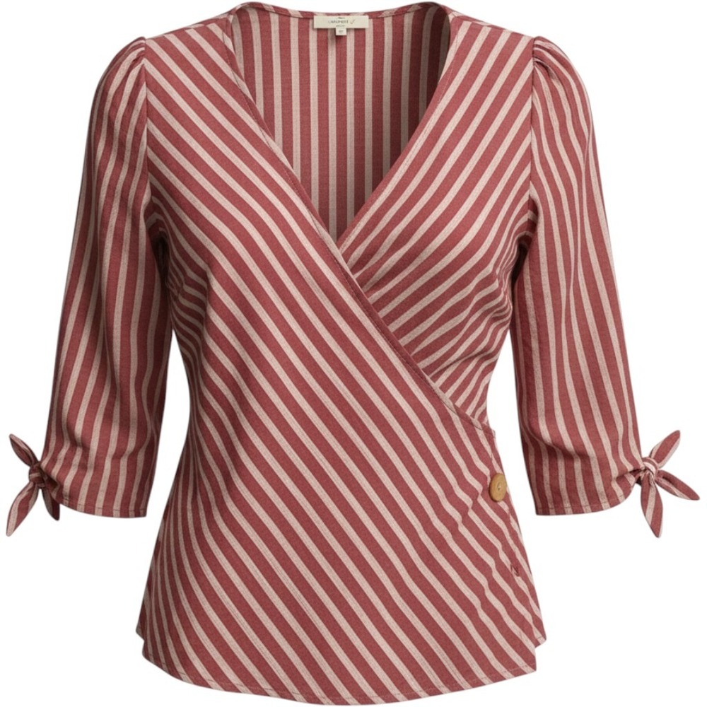 Entro Red White Striped Wrap Top Long Sleeve Tie Cuff Blouse Small